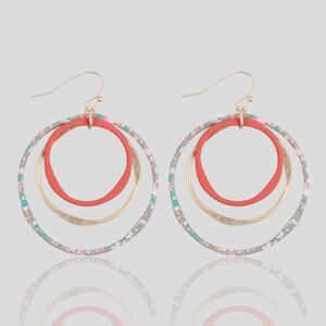 NEW Matte Gold & Red Rubber Coated Open Tri-Circle Drop Earrings